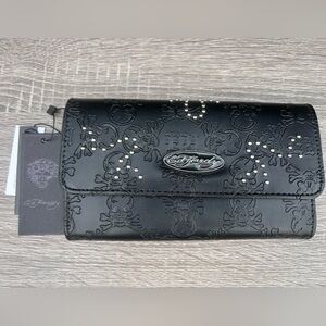 Ed Hardy Black Embossed Leather Wallet with Stud Detail